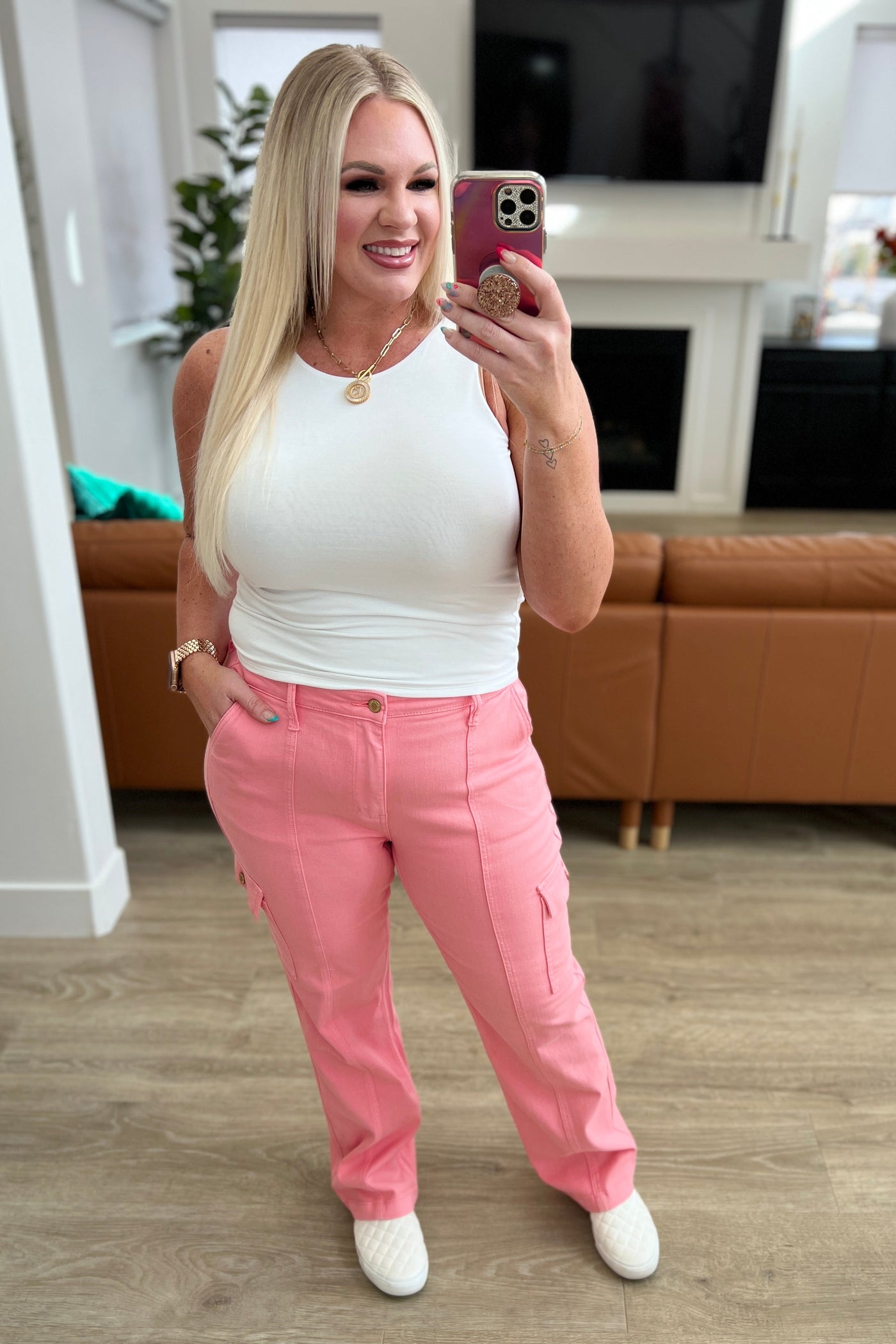 Peggy High Rise Cargo Straight Jeans in Pink - Regular and Plus Size