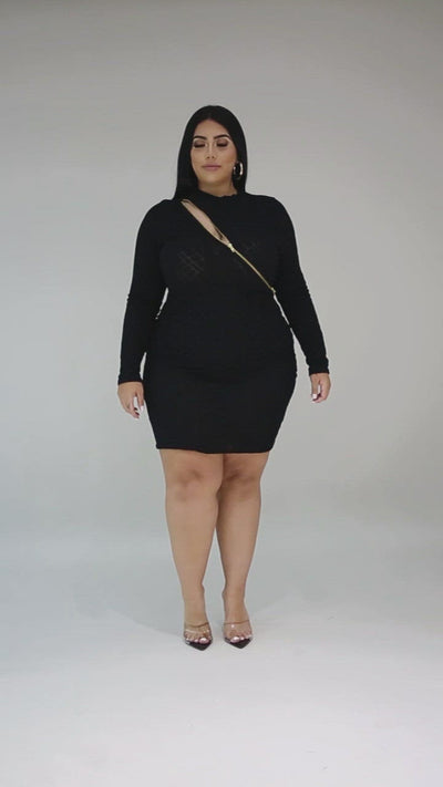 Fasheabe Round Neckline Long Sleeve Stretch Dress - Black