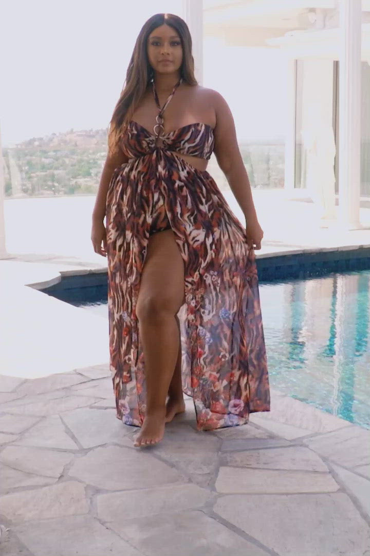 Fasheabe Plus Size Tigress Print Monokini Style Maxi Dress