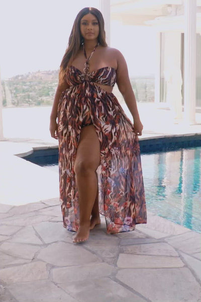 Fasheabe Plus Size Tigress Print Monokini Style Maxi Dress