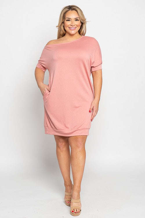 Fasheabe - Off Shoulder Terry Sweatshirt Dress - Mauve