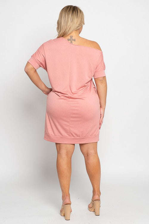 Fasheabe - Off Shoulder Terry Sweatshirt Dress - Mauve