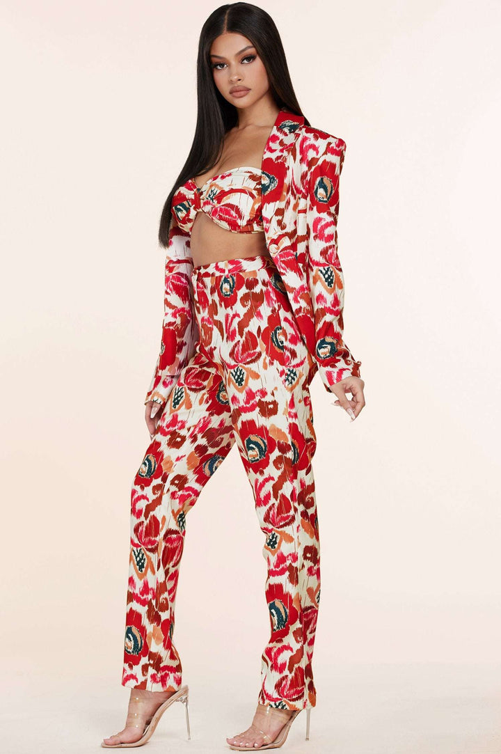 Fasheabe 3pc Flower Print Bandeau Top Pants Set