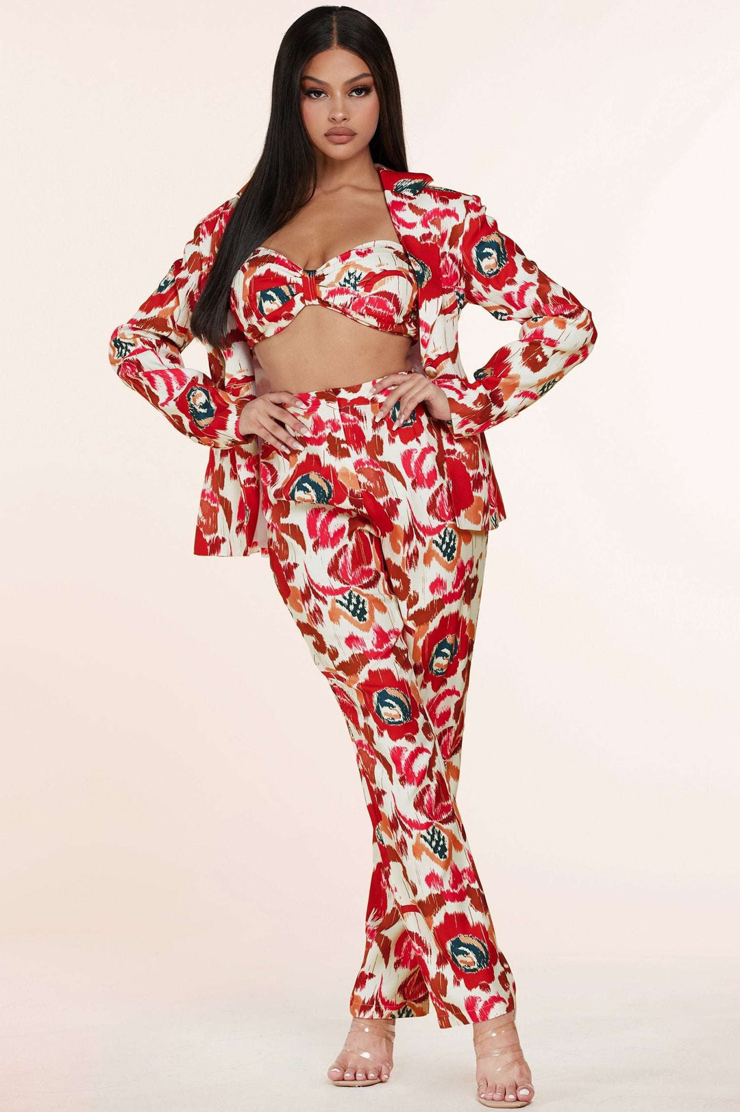 Fasheabe 3pc Flower Print Bandeau Top Pants Set