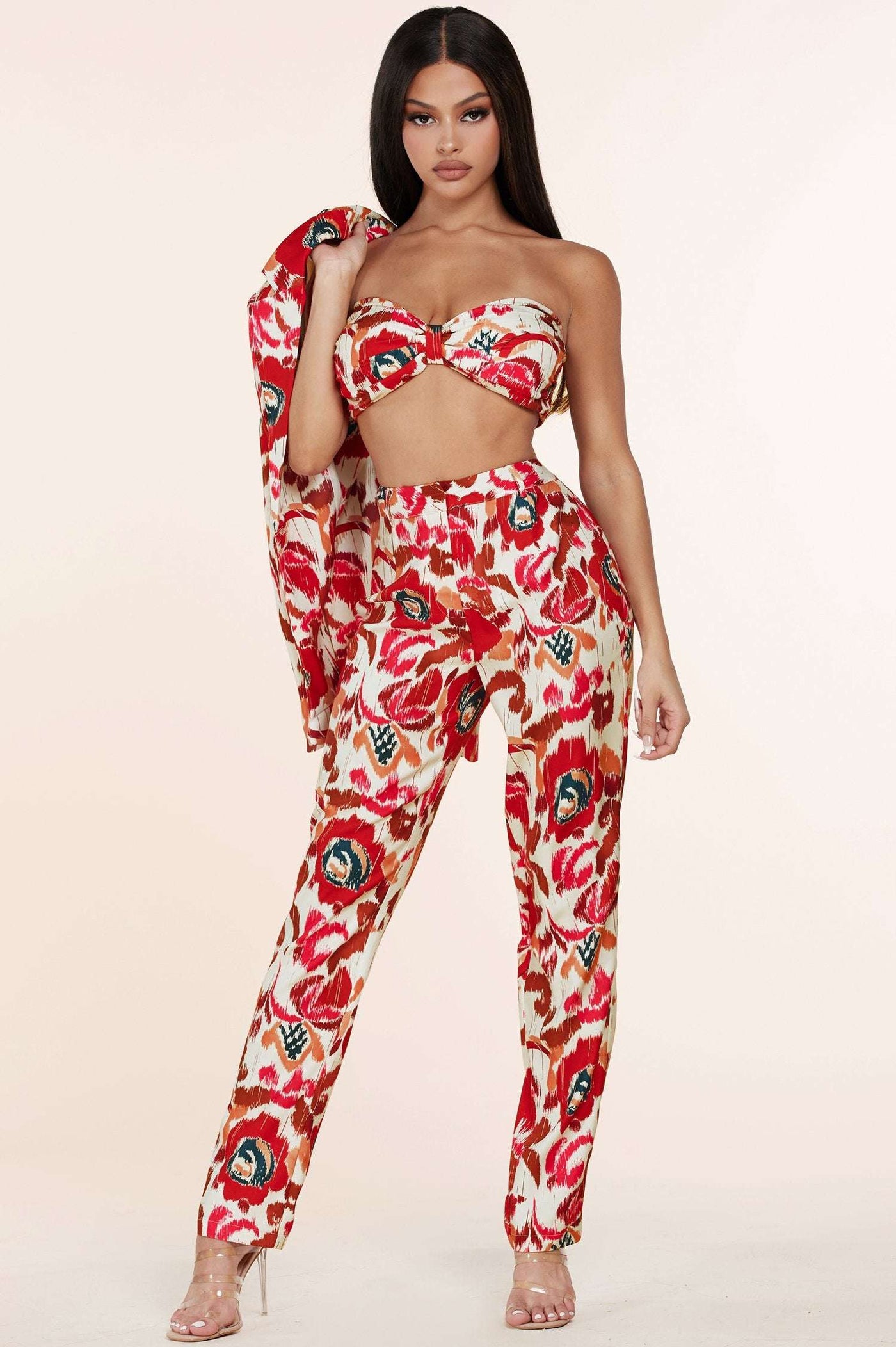 Fasheabe 3pc Flower Print Bandeau Top Pants Set