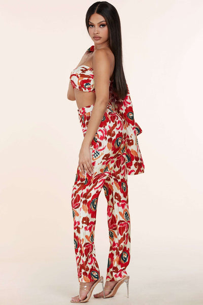 Fasheabe 3pc Flower Print Bandeau Top Pants Set