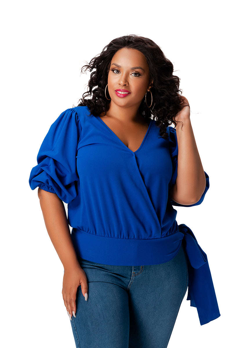 Fasheabe Bubble Sleeve Top - Blue