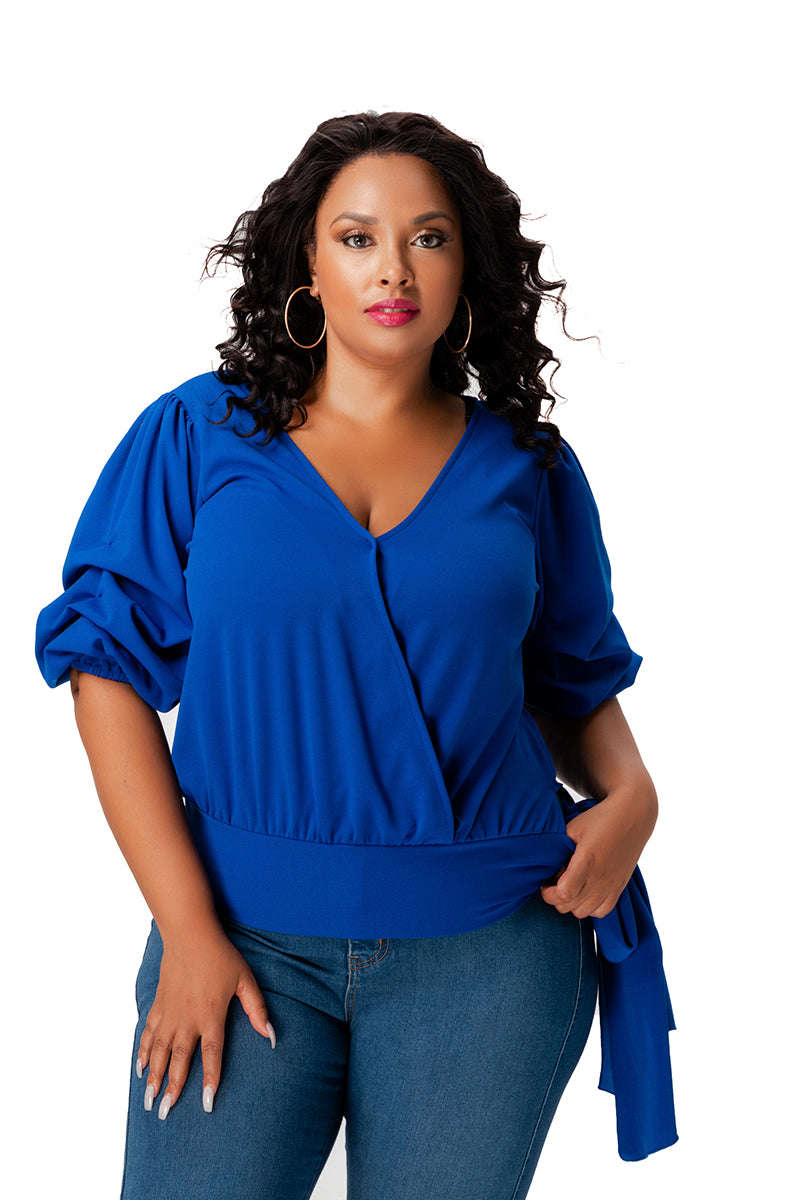 Fasheabe Bubble Sleeve Top - Blue