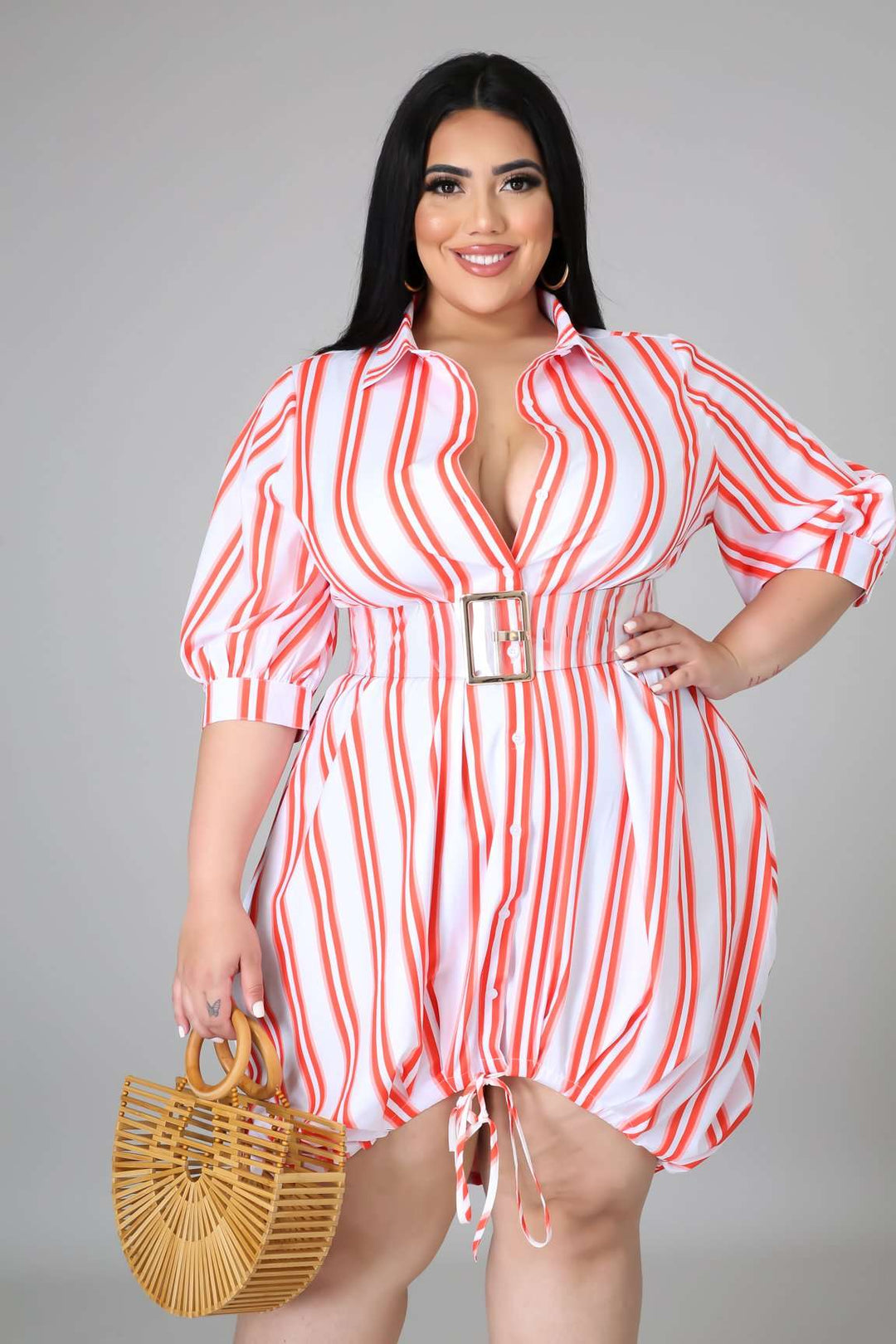 Fasheabe Button Closure Short Sleeve Stretch Dress - Plus Size