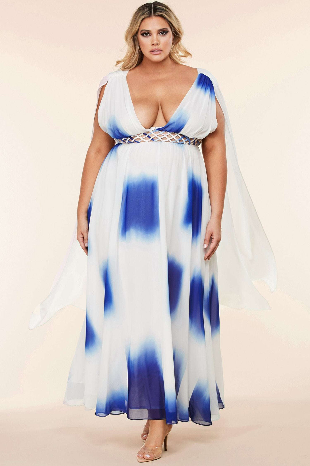 Fasheabe Chiffon Blue Tie-Dye Print Maxi Dress