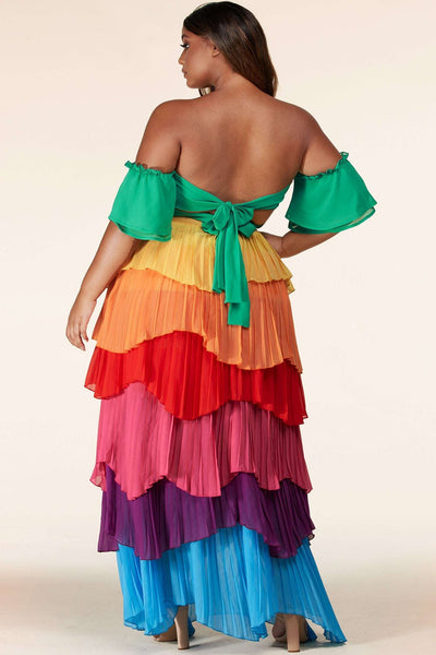 Fasheabe Color-Block Maxi Skirt Set and Off The Shoulder Crop Top
