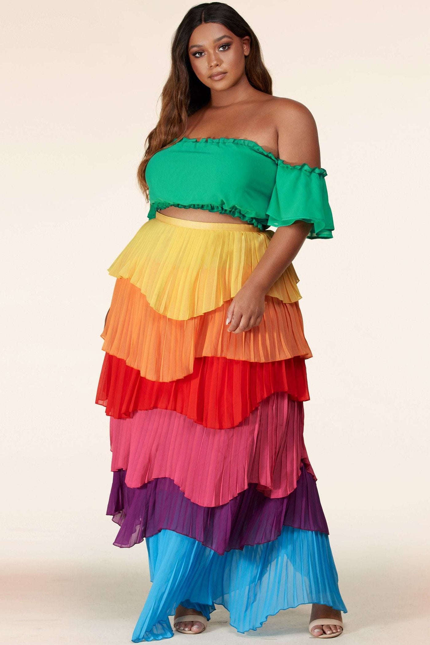 Fasheabe Color-Block Maxi Skirt Set and Off The Shoulder Crop Top