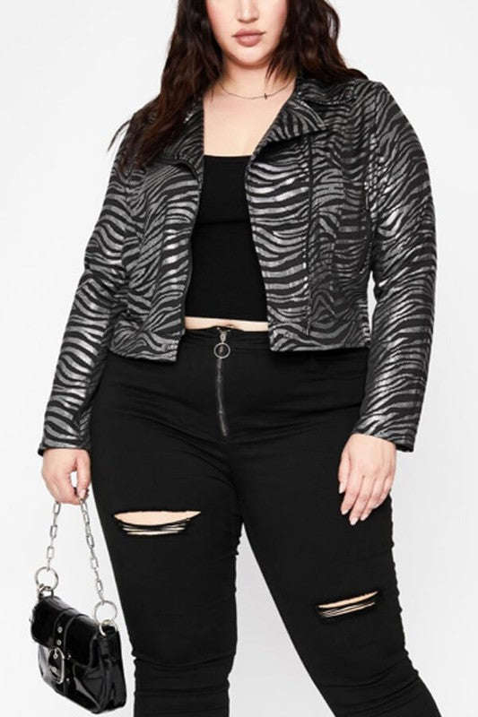 Fasheabe Crystal Zebra Moto Biker Jacket - Black Silver