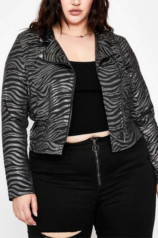 Fasheabe Crystal Zebra Moto Biker Jacket - Black Silver