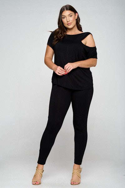 Fasheabe Cut-out Shoulder Top with Leggings Matching Set - Black