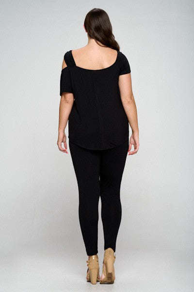 Fasheabe Cut-out Shoulder Top with Leggings Matching Set - Black