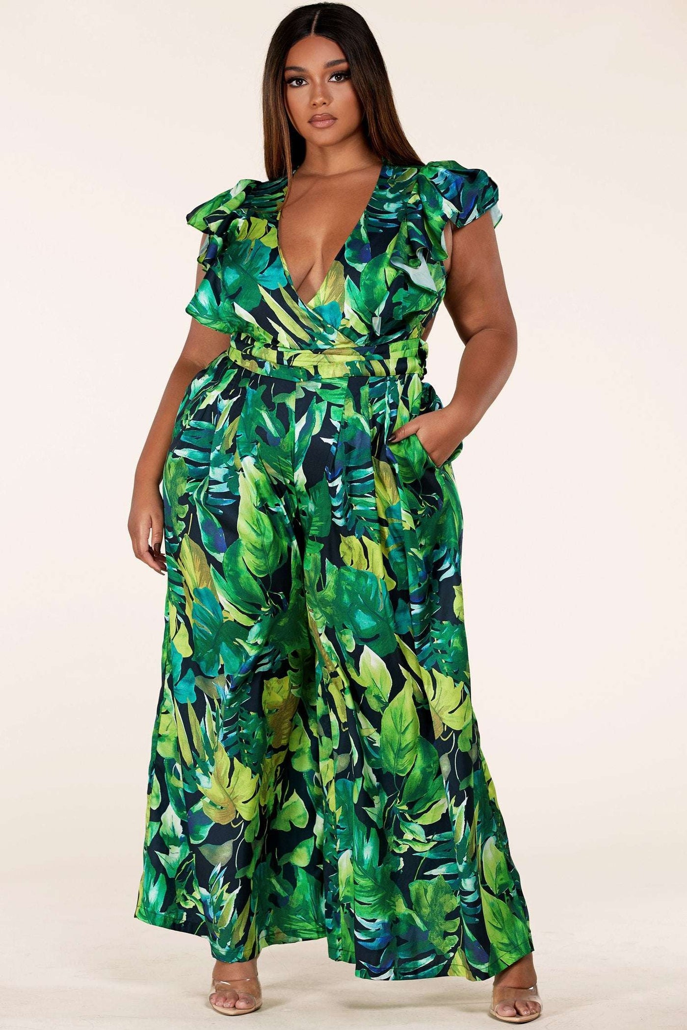 Fasheabe Forest leaf print cutout jumpsuit