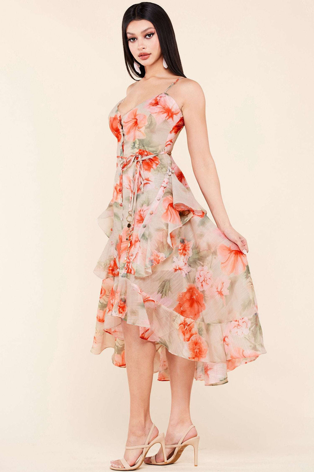 Fasheabe High Low Ruffle Midi Dress