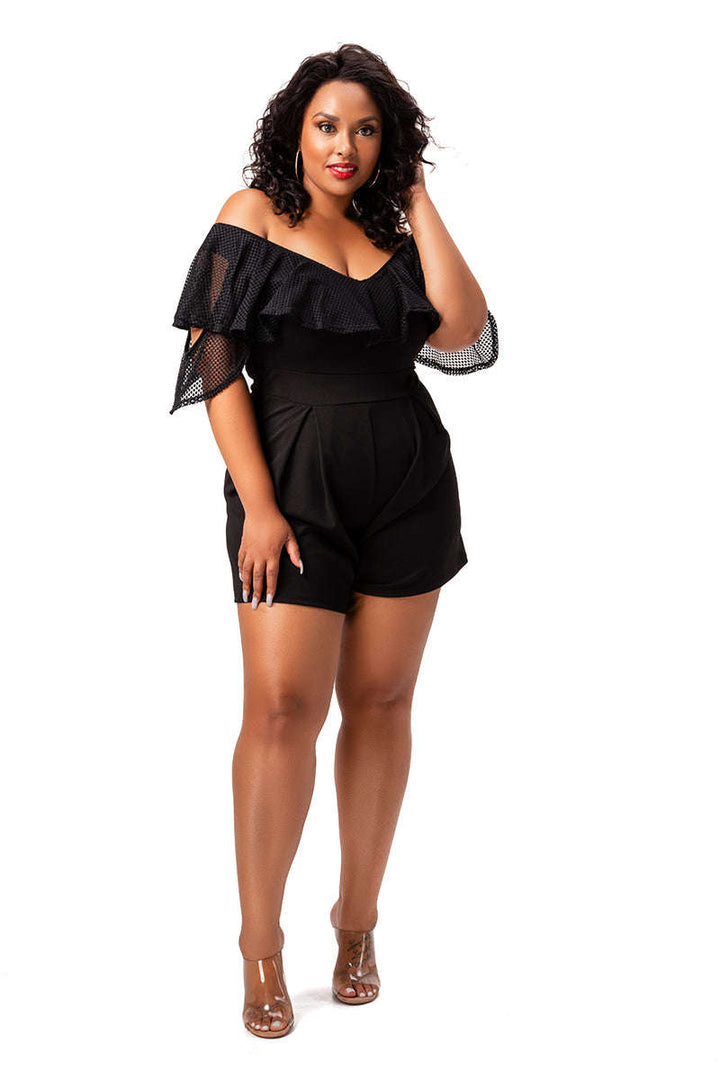 Fasheabe Jacquard Lace Ruffle Sleeve Romper - Black