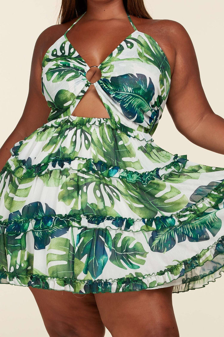 Fasheabe Leaf Print O-ring Mini Dress - Plus Size