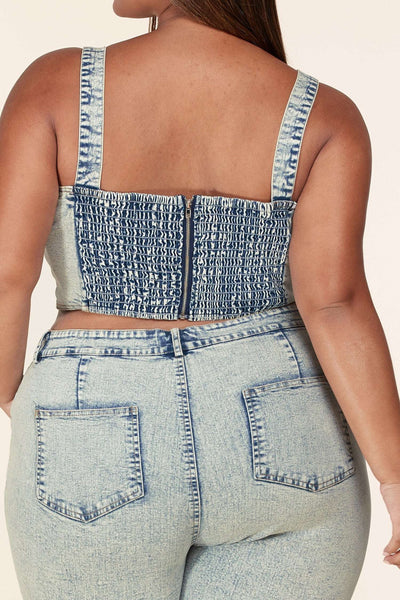 Fasheabe Light Washed Button Down Denim Bustier 2pc Pant Set
