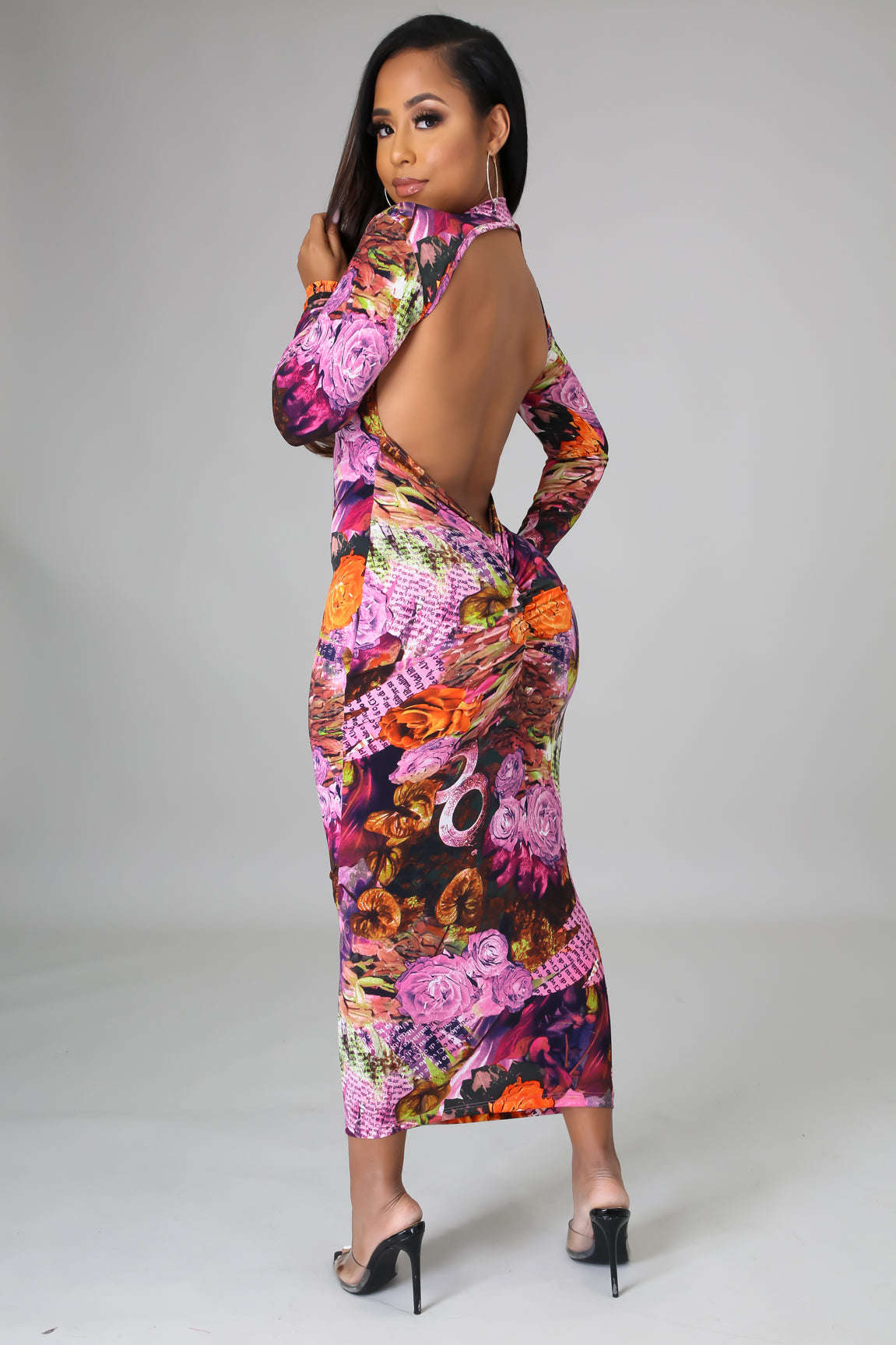 Fasheabe Long Sleeve Open Back Dress - Multi