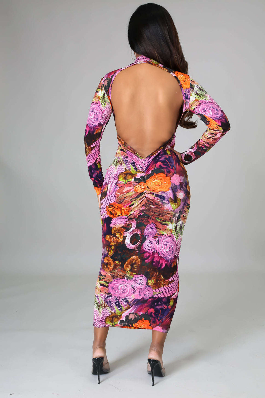 Fasheabe Long Sleeve Open Back Dress - Multi