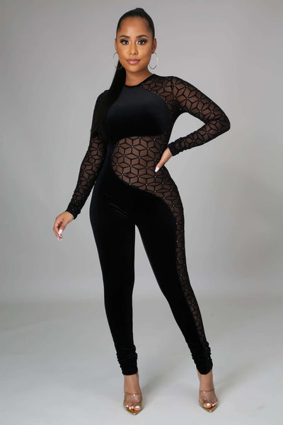 Fasheabe Mock Neck Long Sleeve Jumpsuit - Black