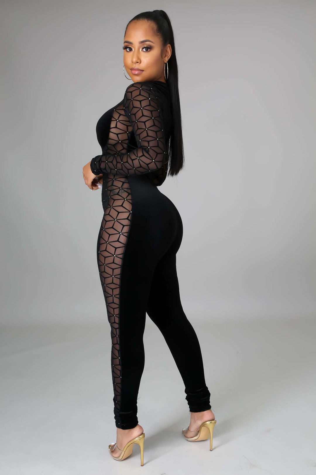 Fasheabe Mock Neck Long Sleeve Jumpsuit - Black