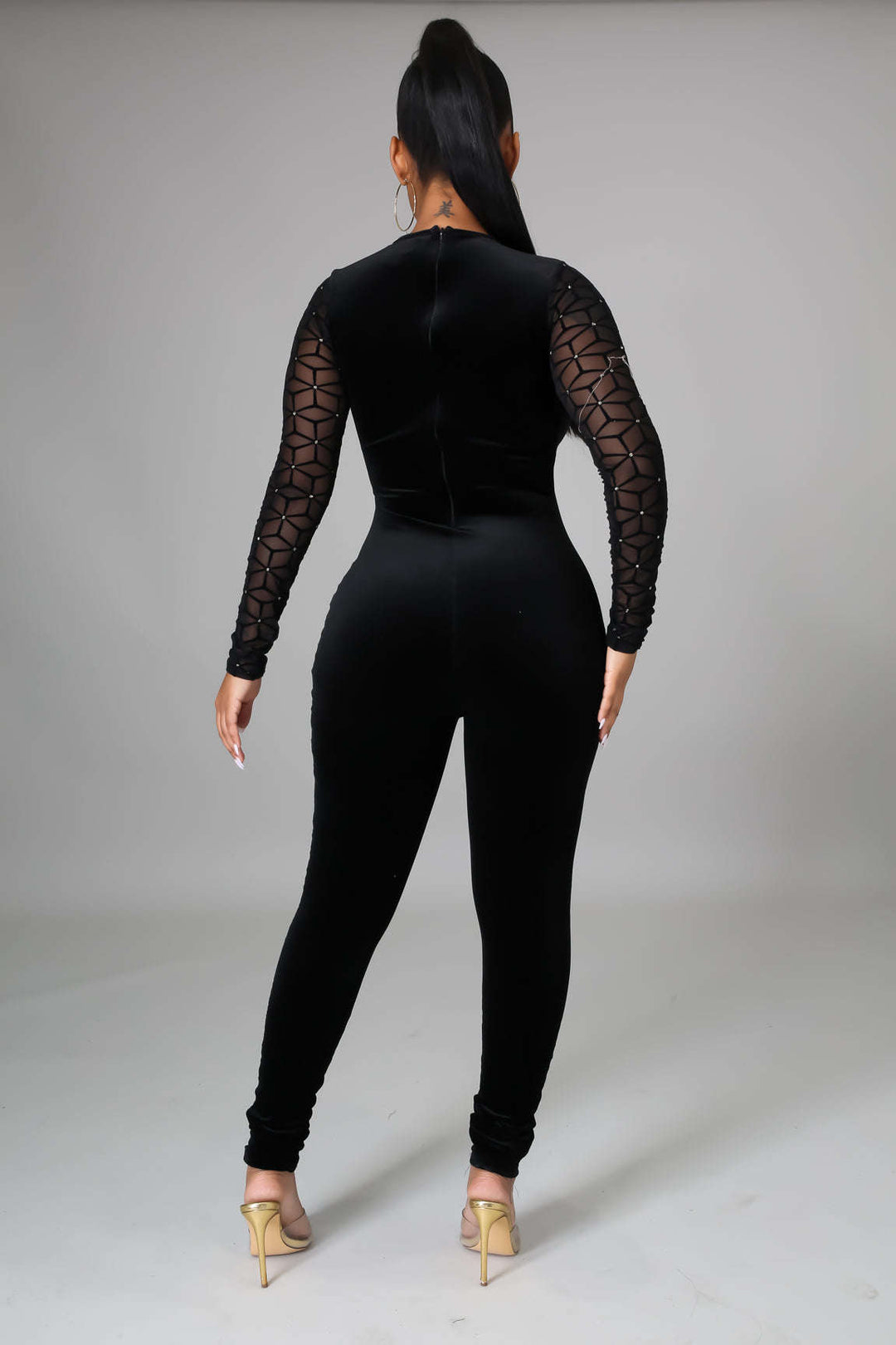 Fasheabe Mock Neck Long Sleeve Jumpsuit - Black