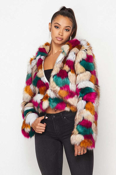 Fasheabe Multicolor Faux Fur Hooded Jacket With Front Zipper