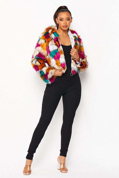 Fasheabe Multicolor Faux Fur Hooded Jacket With Front Zipper
