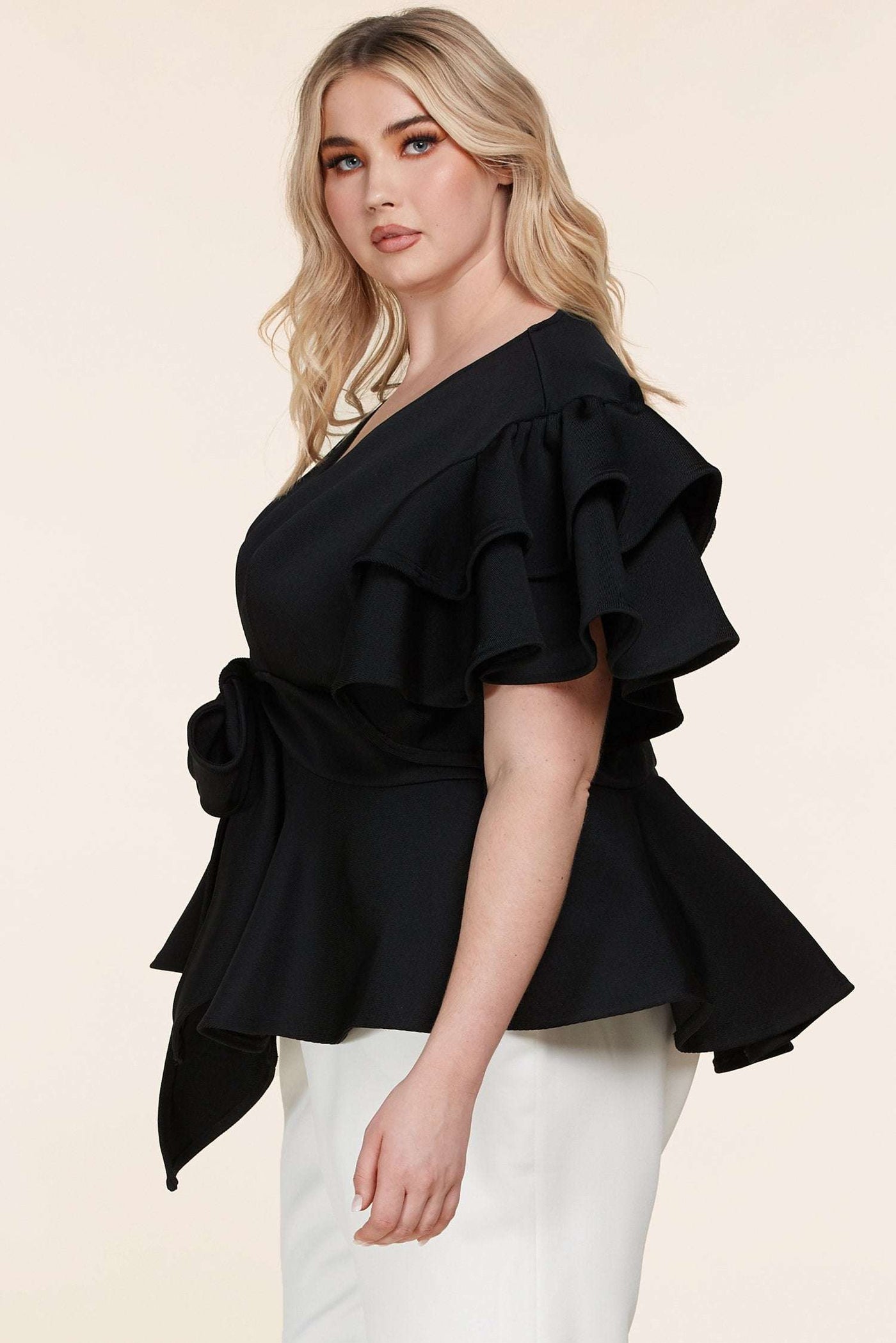 Fasheabe Plus Size Black Ruffle Plunging V-Neck Fit and Flare Top