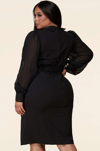 Fasheabe Plus Size Lace Blazer Collared Neckline Dress - Black