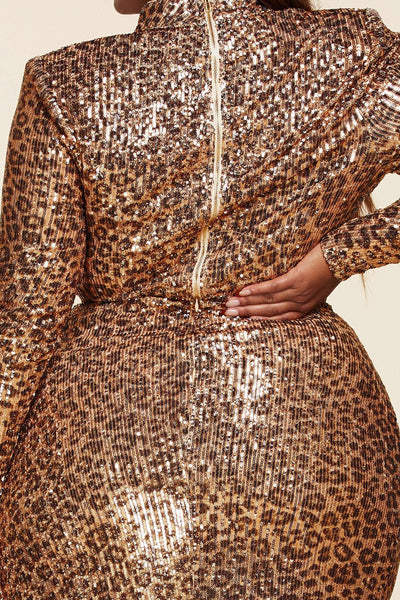 Fasheabe Plus Size Leopard Print Shimmery Sequined Skirt Set