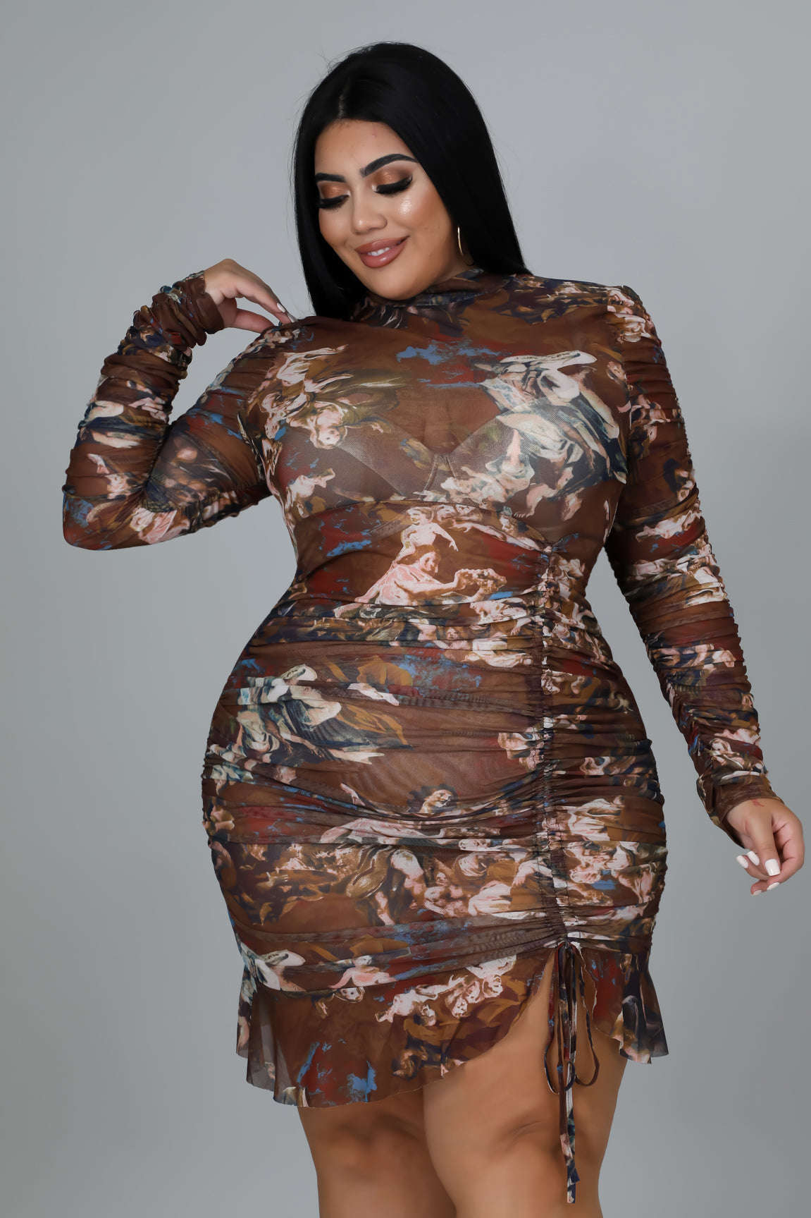 Fasheabe Plus Size Long Sleeve Mock Neck Mini Dress