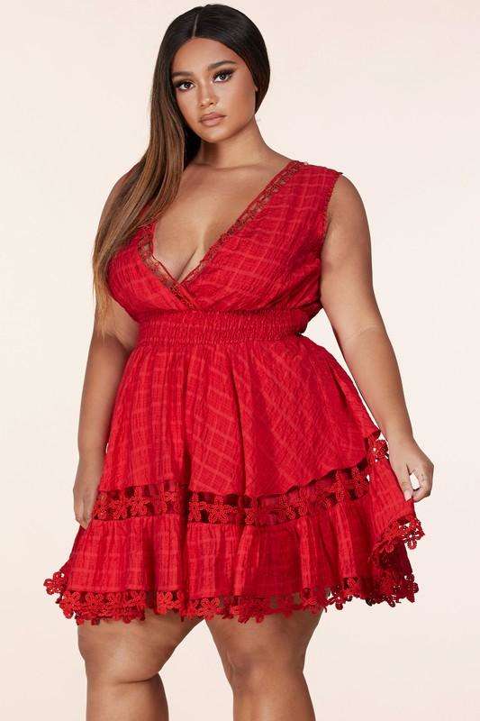 Fasheabe Plus Size Rose Red Mini Dress