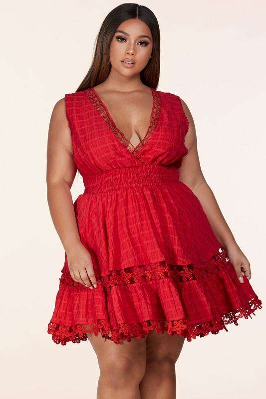 Fasheabe Plus Size Rose Red Mini Dress