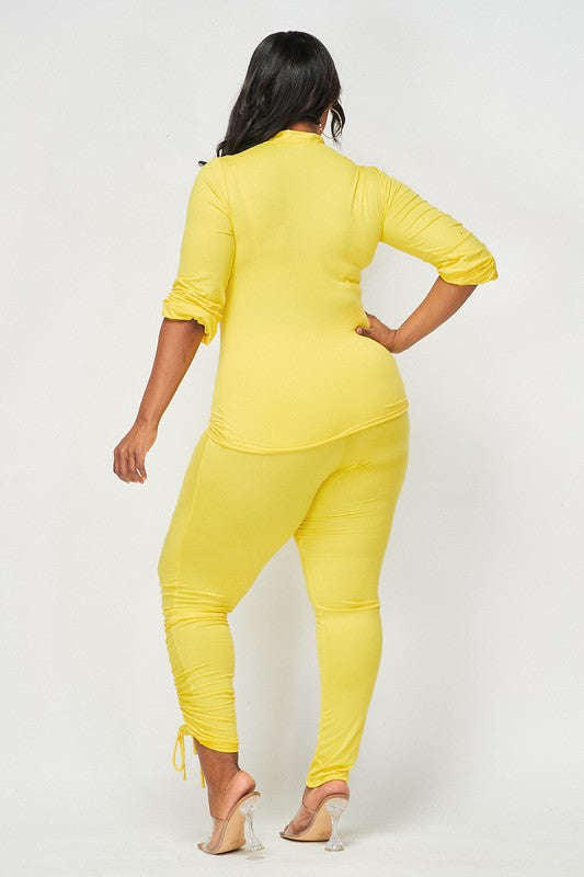 Fasheabe Plus size Ruching side by side Set Yellow