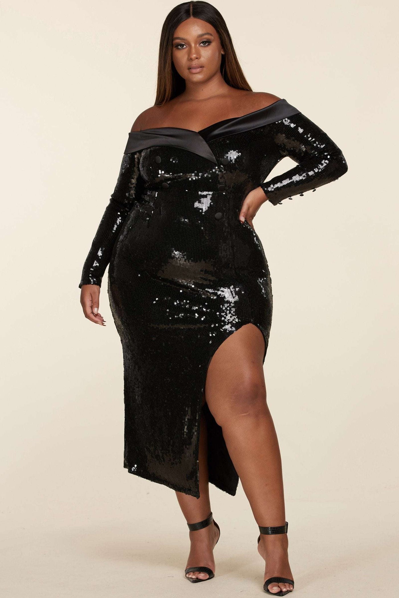 Fasheabe Plus Size Sequined Black Ankle Length Long Sleeve Gown
