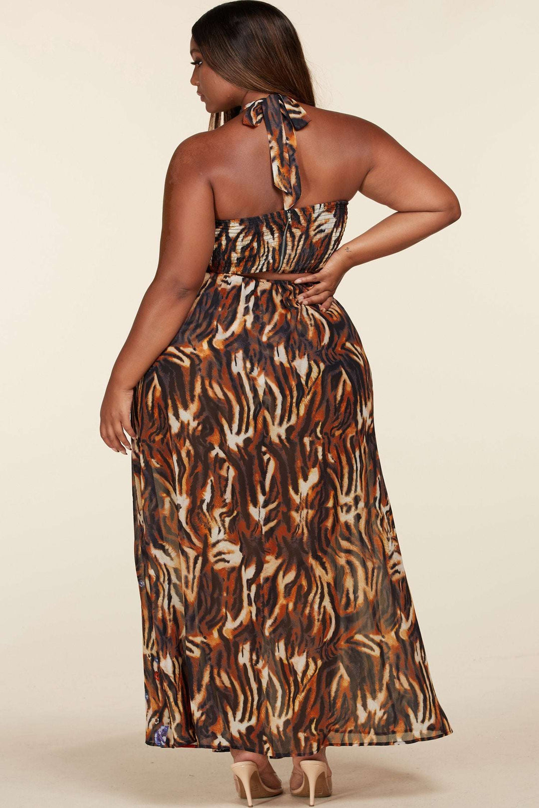 Fasheabe Plus Size Tigress Print Monokini Style Maxi Dress