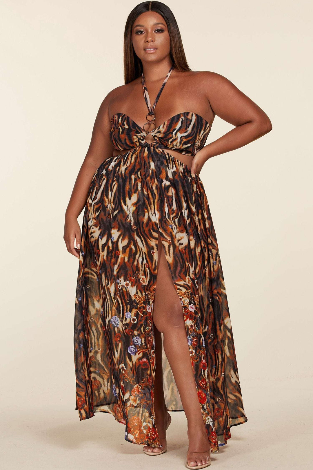 Fasheabe Plus Size Tigress Print Monokini Style Maxi Dress