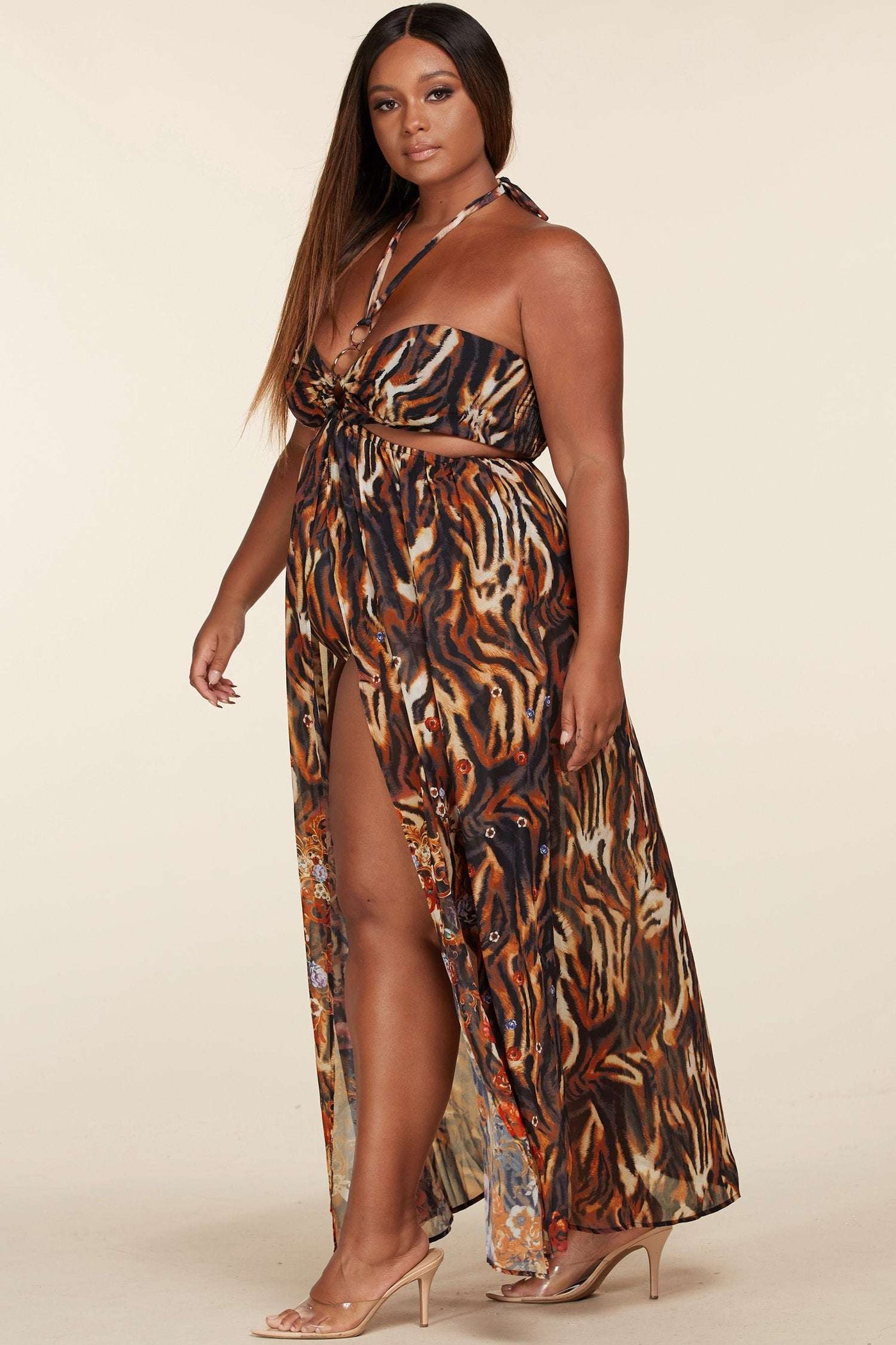 Fasheabe Plus Size Tigress Print Monokini Style Maxi Dress