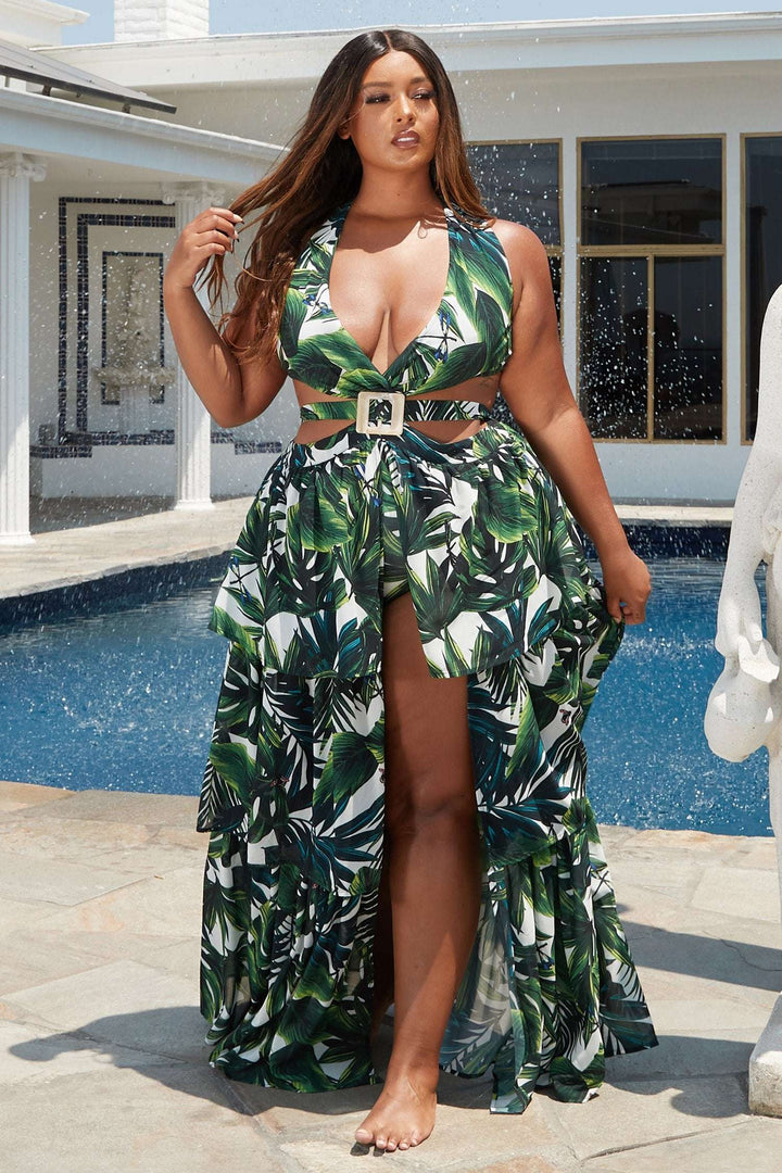 Fasheabe Plus Size Tropical Leaf Open Front Maxi Dress