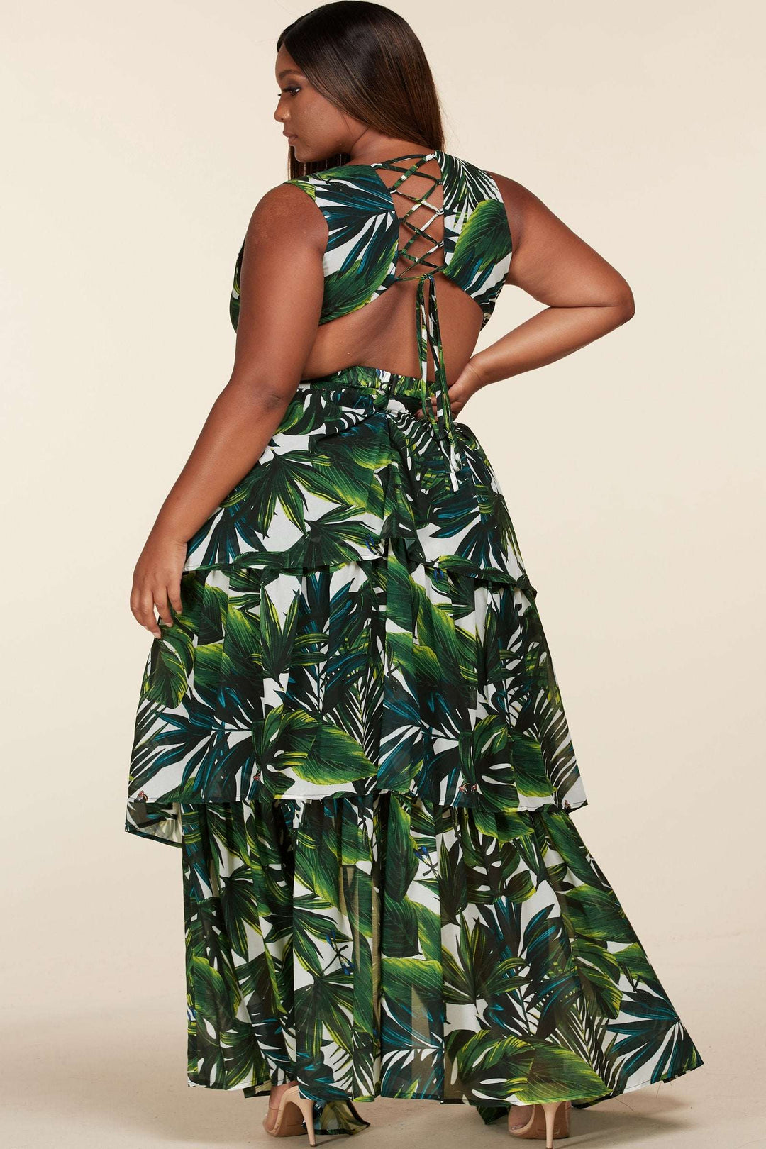 Fasheabe Plus Size Tropical Leaf Open Front Maxi Dress Fasheabe Plus Size Tropical Leaf Open Front Maxi Dress