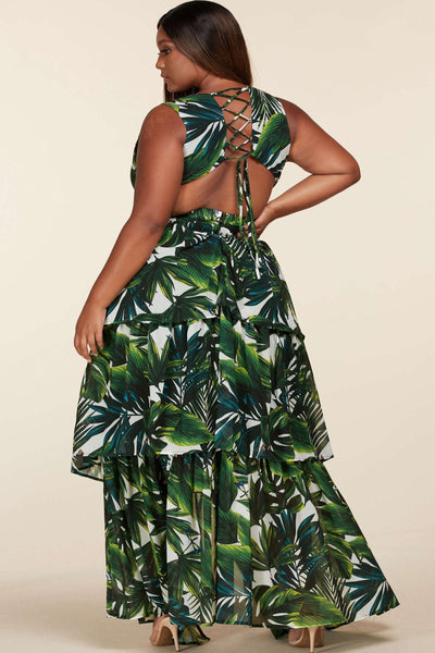 Fasheabe Plus Size Tropical Leaf Open Front Maxi Dress