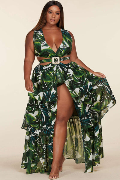 Fasheabe Plus Size Tropical Leaf Open Front Maxi Dress