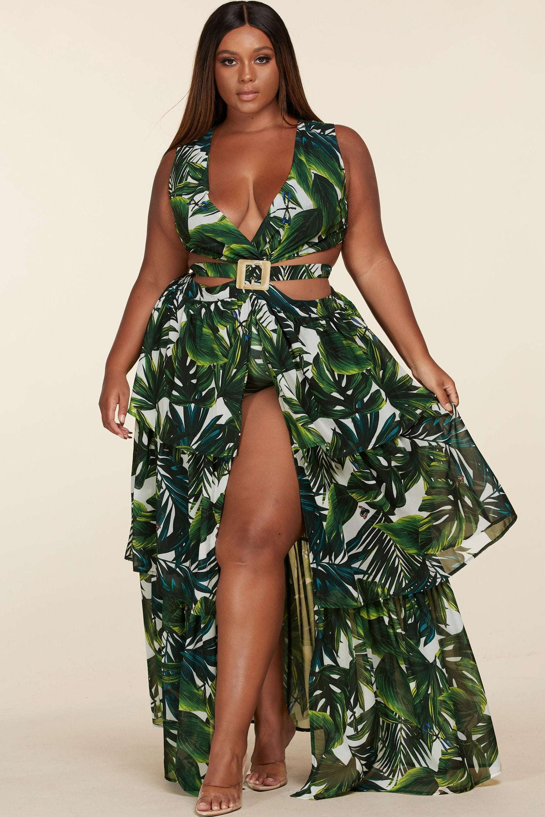 Fasheabe Plus Size Tropical Leaf Open Front Maxi Dress Fasheabe Plus Size Tropical Leaf Open Front Maxi Dress