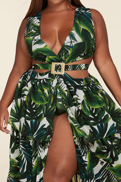 Fasheabe Plus Size Tropical Leaf Open Front Maxi Dress