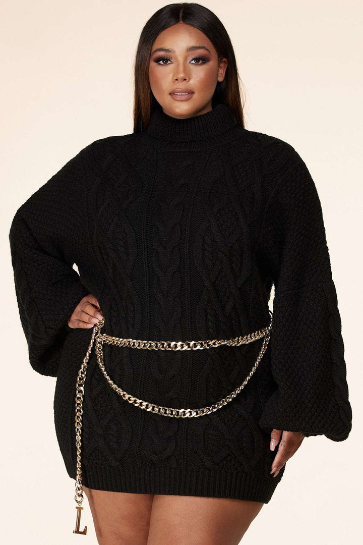 Fasheabe Plus Size Turtleneck Cable Knit Black Sweater Dress